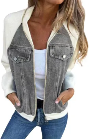 CHARTOU Women Bomber Jacket Zip Up Denim Patchwork Varsity Baseball Denim Jacket