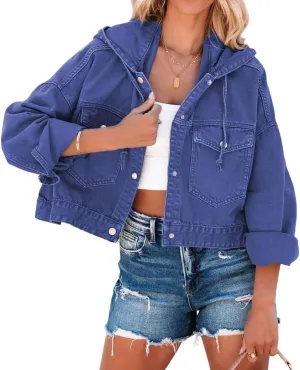 CHARTOU Women Cute Cropped Hooded Denim Jean Jacket with Hoodie Button Down Jacket
