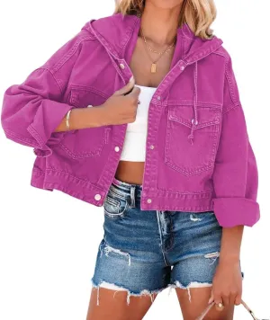 CHARTOU Women Cute Cropped Hooded Denim Jean Jacket with Hoodie Button Down Jacket