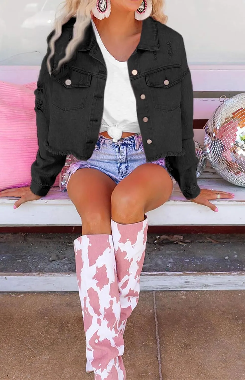 CHARTOU Women Distressed Tassel Fringe Denim Jacket Cropped Jean Jacket Star Frayed Cowgirl Tinsel Jacket