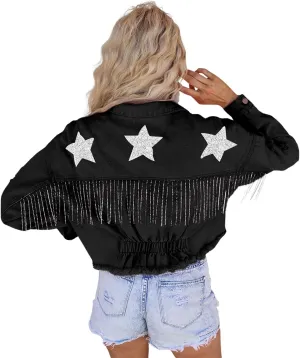 CHARTOU Women Distressed Tassel Fringe Denim Jacket Cropped Jean Jacket Star Frayed Cowgirl Tinsel Jacket