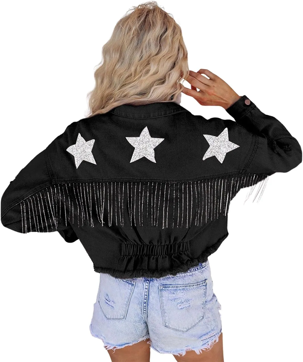 CHARTOU Women Distressed Tassel Fringe Denim Jacket Cropped Jean Jacket Star Frayed Cowgirl Tinsel Jacket