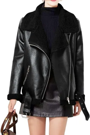 CHARTOU Women Faux Leather Jacket Fur Lined Winter Coat Warm Zip Up Notched Collar Moto Bomber Jacket