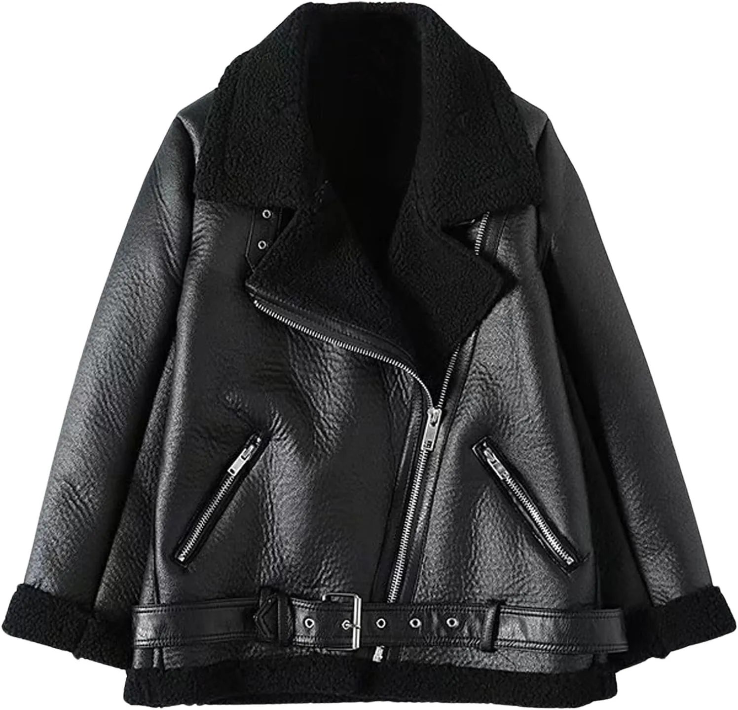 CHARTOU Women Faux Leather Jacket Fur Lined Winter Coat Warm Zip Up Notched Collar Moto Bomber Jacket
