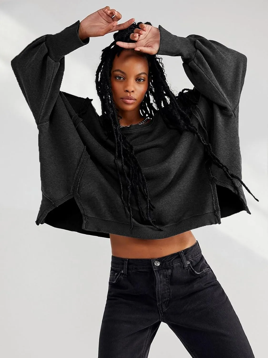 CHARTOU Women Oversized Crewneck Sweatshirt Ripped Distressed Hoodie Lightweight Tunic Shirts Sweatshirt