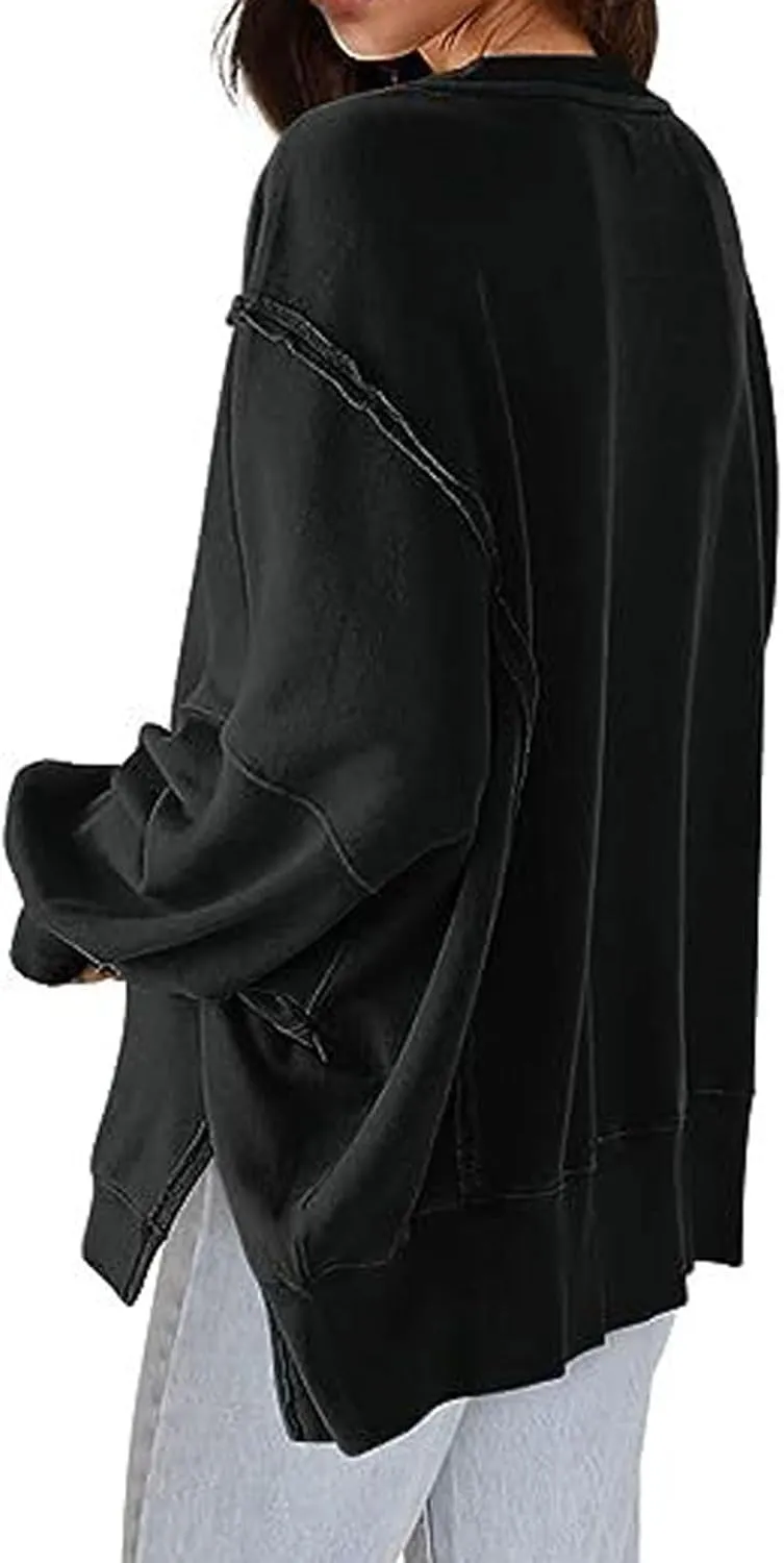 CHARTOU Women Oversized Crewneck Sweatshirt Ripped Distressed Hoodie Lightweight Tunic Shirts Sweatshirt