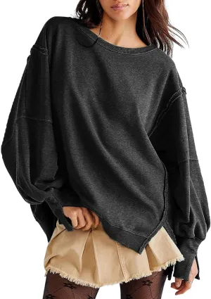 CHARTOU Women Oversized Crewneck Sweatshirt Ripped Distressed Hoodie Lightweight Tunic Shirts Sweatshirt