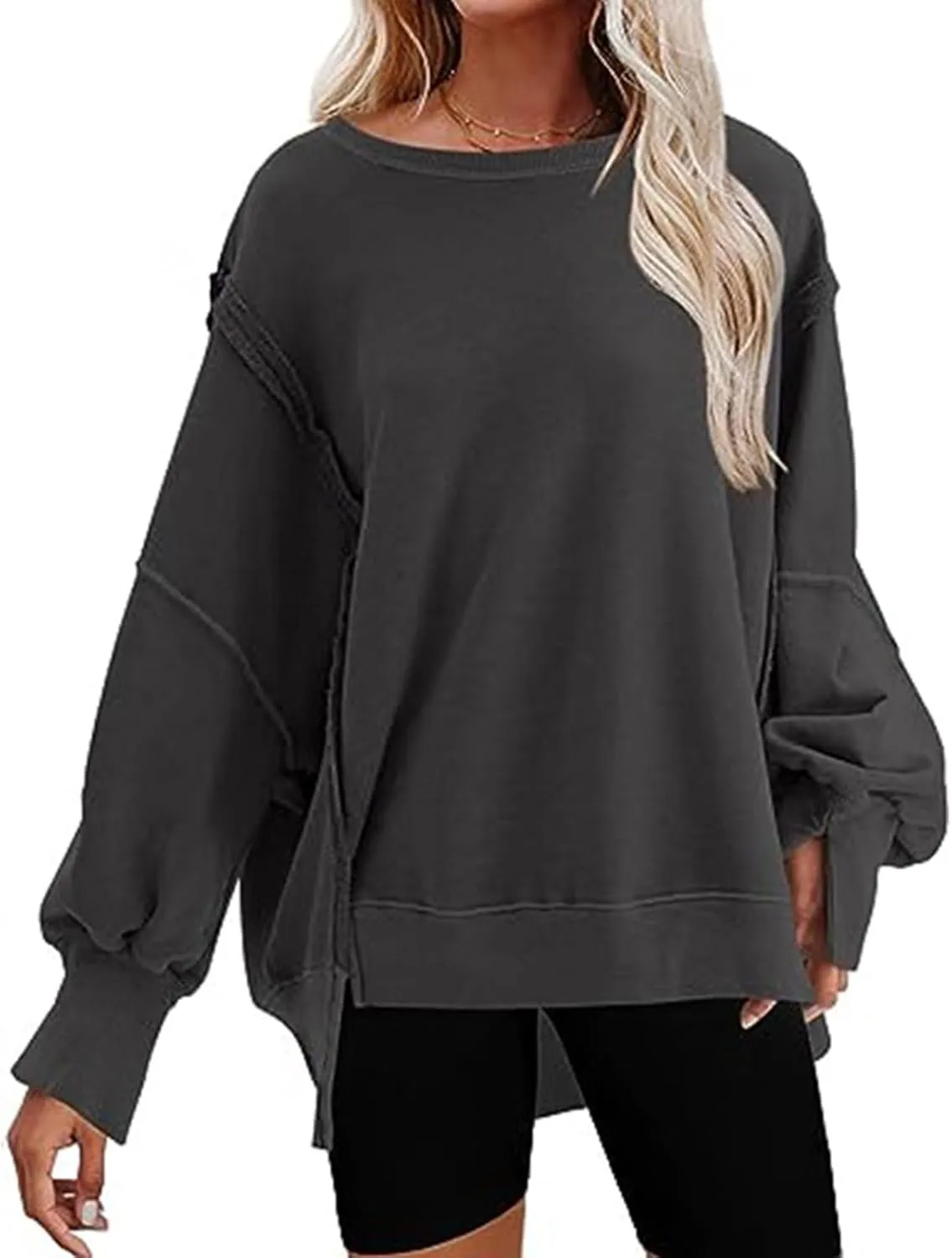 CHARTOU Women Oversized Crewneck Sweatshirt Ripped Distressed Hoodie Lightweight Tunic Shirts Sweatshirt