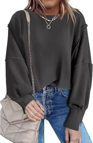 CHARTOU Women Oversized Crewneck Sweatshirt Ripped Distressed Hoodie Lightweight Tunic Shirts Sweatshirt