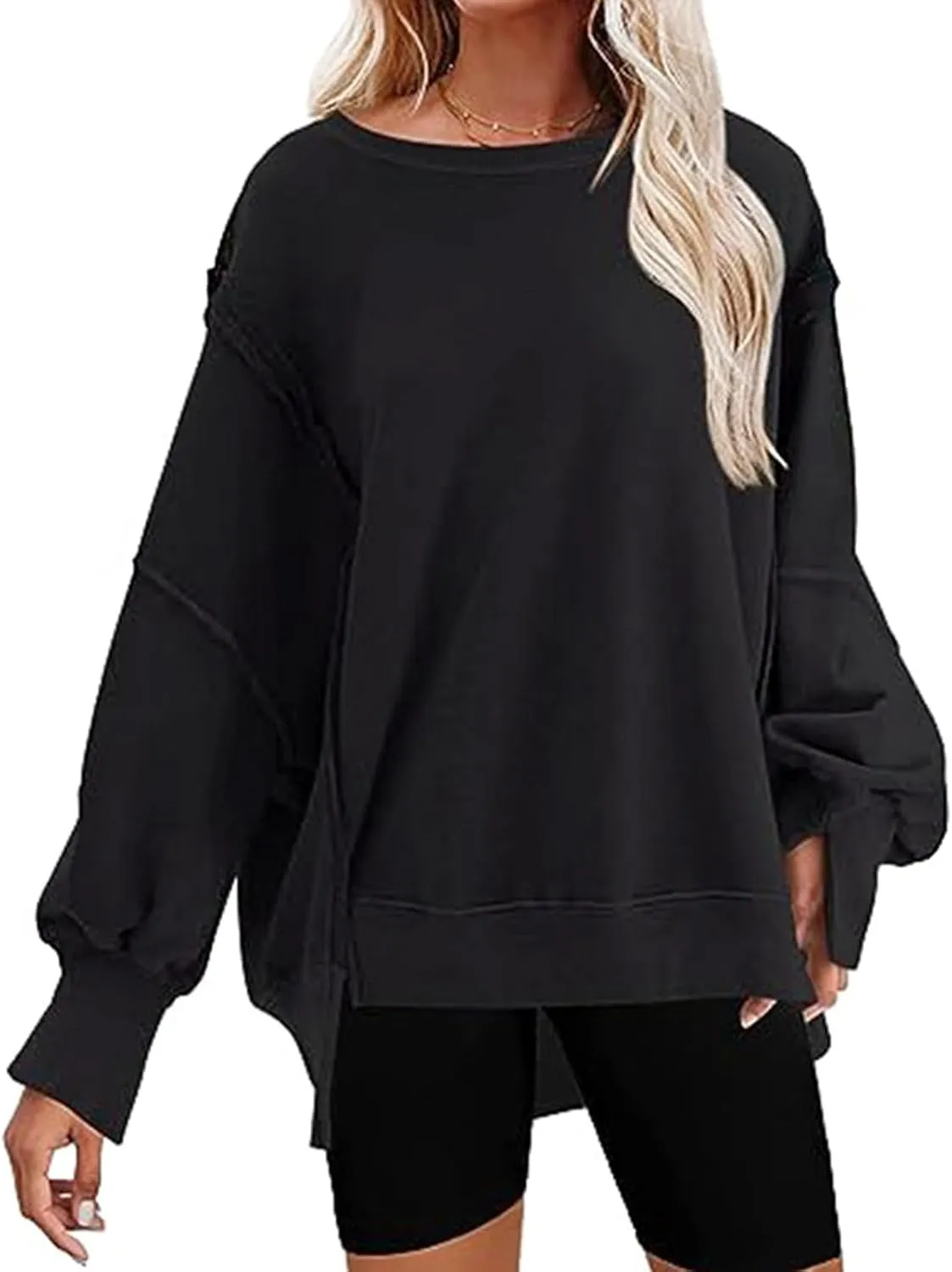 CHARTOU Women Oversized Crewneck Sweatshirt Ripped Distressed Hoodie Lightweight Tunic Shirts Sweatshirt