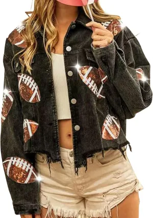 CHARTOU Women Vintage Distressed Cropped Corduroy Jacket Oversized Frayed Rugby Sequin Short Shacket Jacket