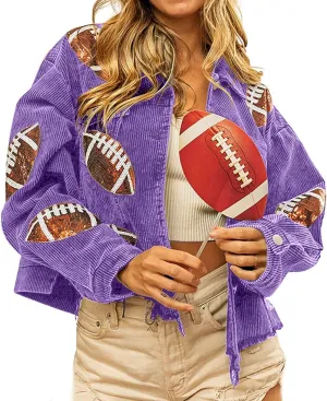 CHARTOU Women Vintage Distressed Cropped Corduroy Jacket Oversized Frayed Rugby Sequin Short Shacket Jacket
