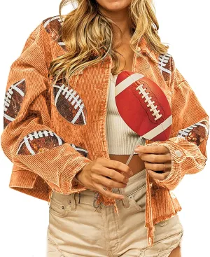 CHARTOU Women Vintage Distressed Cropped Corduroy Jacket Oversized Frayed Rugby Sequin Short Shacket Jacket