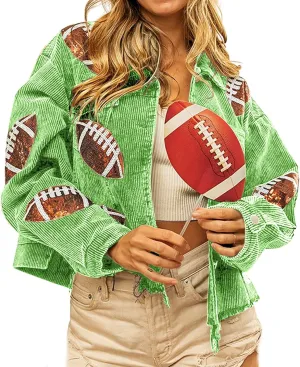 CHARTOU Women Vintage Distressed Cropped Corduroy Jacket Oversized Frayed Rugby Sequin Short Shacket Jacket