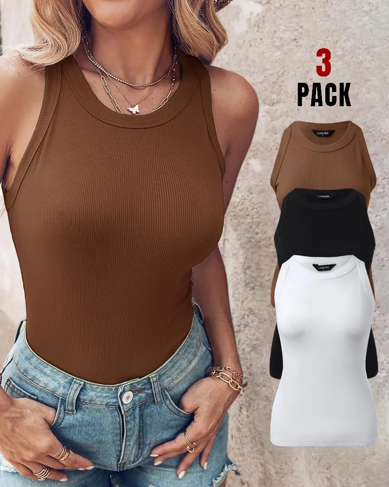 CHICME 3 Piece Womens Tank Tops Sleeveless Basic Cami Shirt Slim Knit Ribbed Racerback Blouses