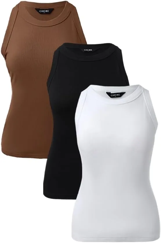 CHICME 3 Piece Womens Tank Tops Sleeveless Basic Cami Shirt Slim Knit Ribbed Racerback Blouses
