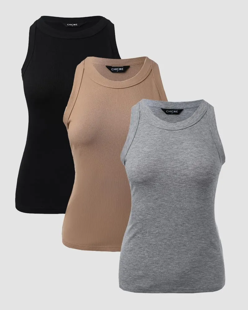 CHICME 3 Piece Womens Tank Tops Sleeveless Basic Cami Shirt Slim Knit Ribbed Racerback Blouses