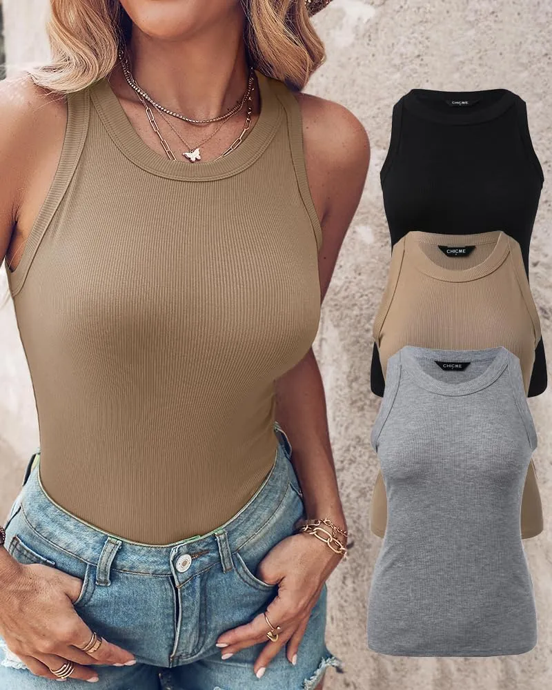 CHICME 3 Piece Womens Tank Tops Sleeveless Basic Cami Shirt Slim Knit Ribbed Racerback Blouses
