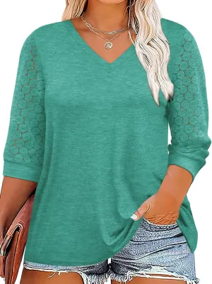 Chulianyouhuo Plus Size Tops for Women 3/4 Lace Sleeve V Neck Tee Shirt Summer Casual Loose Fit Tunic Blouse 2025
