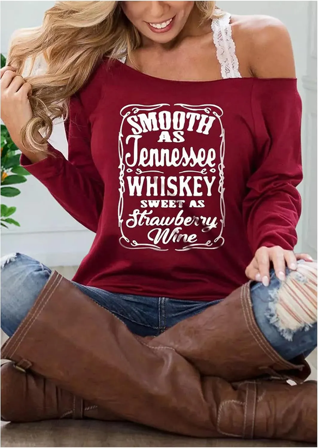 CHUNTIANRAN Women's Sexy Off Shoulder Sweatshirt Nashville Country Music Sweatshirt Vintage Long Sleeve Pullover T Shirt