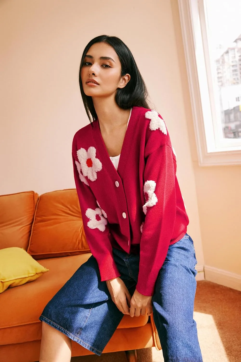 CIDER Womens Cardigan V Neck Floral Cardigan for Women Knit Button Down 2024 Fall