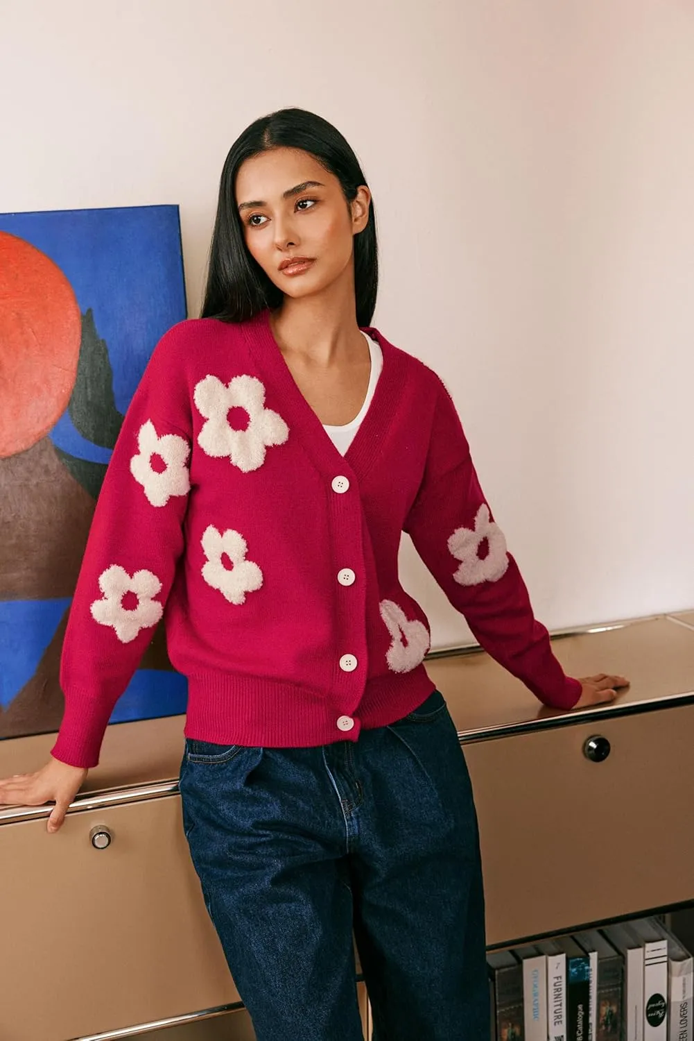 CIDER Womens Cardigan V Neck Floral Cardigan for Women Knit Button Down 2024 Fall