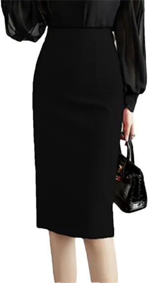Classic Vintage Gray Stretch Pencil Skirts for Women Office Formal Black Midi Skirts Elegant Package Hip Skirts