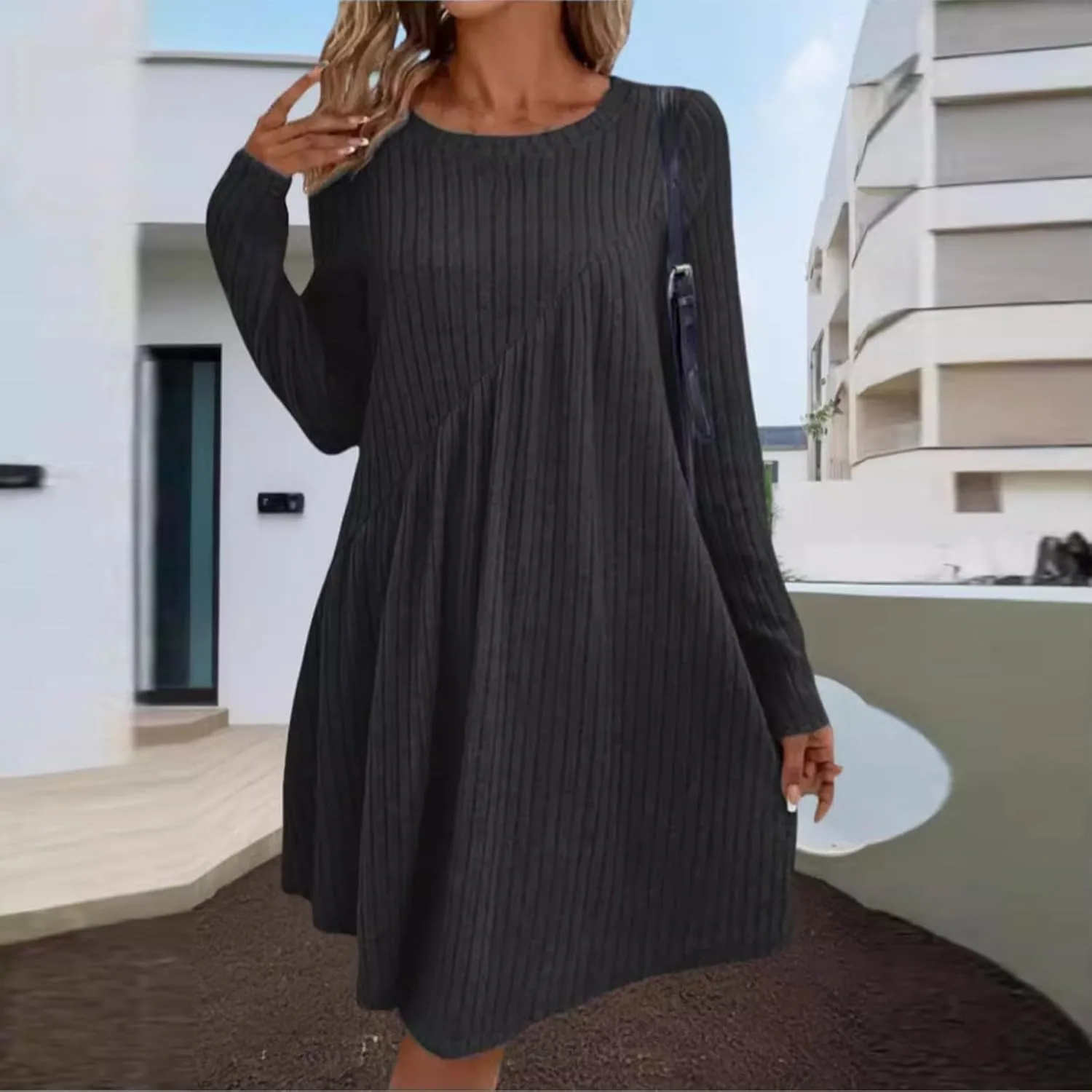 COTECRAM Fall Dresses for Women 2024 Trendy Round Neck Long Sleeve Casual Sweater Dress Spring Fashion Knit Tunic Dress
