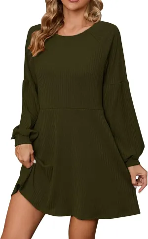 COTECRAM Fall Dresses for Women 2024 Trendy Round Neck Long Sleeve Casual Sweater Dress Spring Fashion Knit Tunic Dress