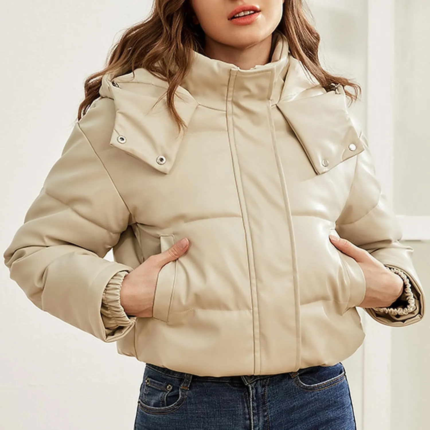 Cotton Down Jacket for Women Solid Hooded Crop Long Sleeve Padded Coat Winter Warm Thick Puffer Jackets Comfy Outwear