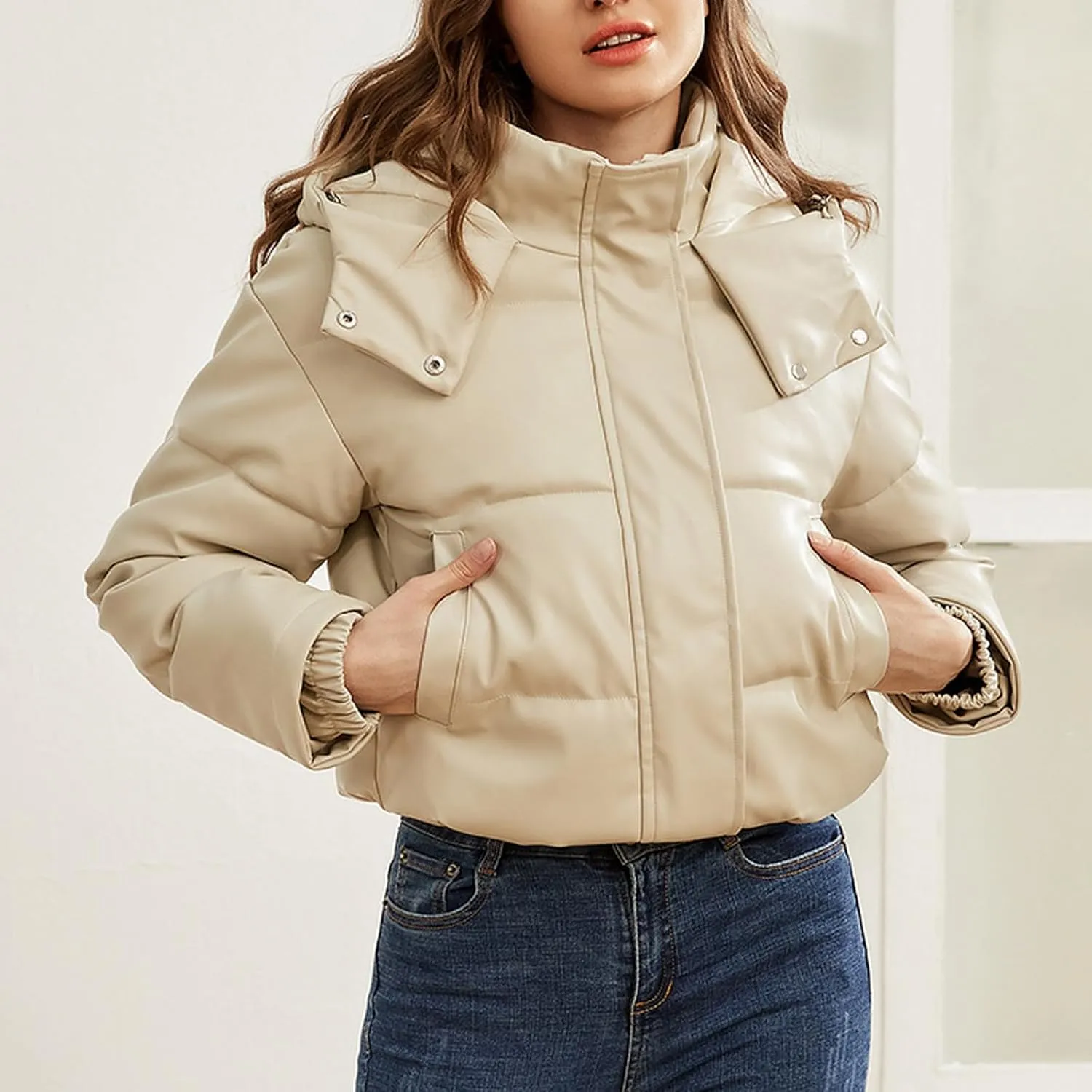 Cotton Down Jacket for Women Solid Hooded Crop Long Sleeve Padded Coat Winter Warm Thick Puffer Jackets Comfy Outwear
