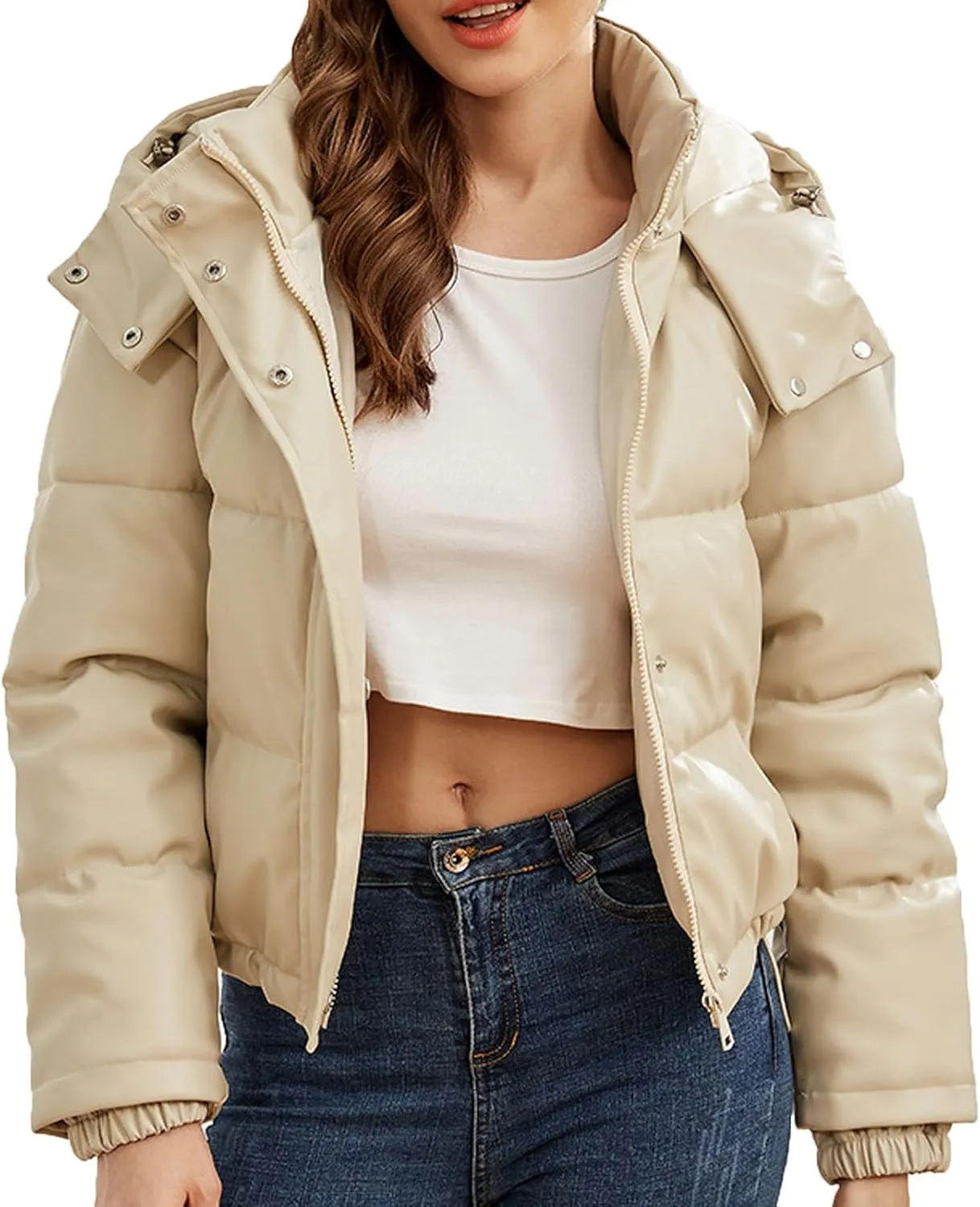 Cotton Down Jacket for Women Solid Hooded Crop Long Sleeve Padded Coat Winter Warm Thick Puffer Jackets Comfy Outwear