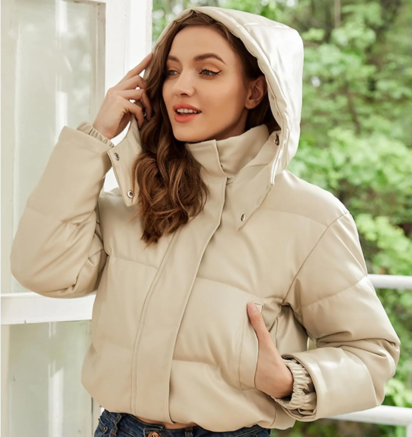 Cotton Down Jacket for Women Solid Hooded Crop Long Sleeve Padded Coat Winter Warm Thick Puffer Jackets Comfy Outwear