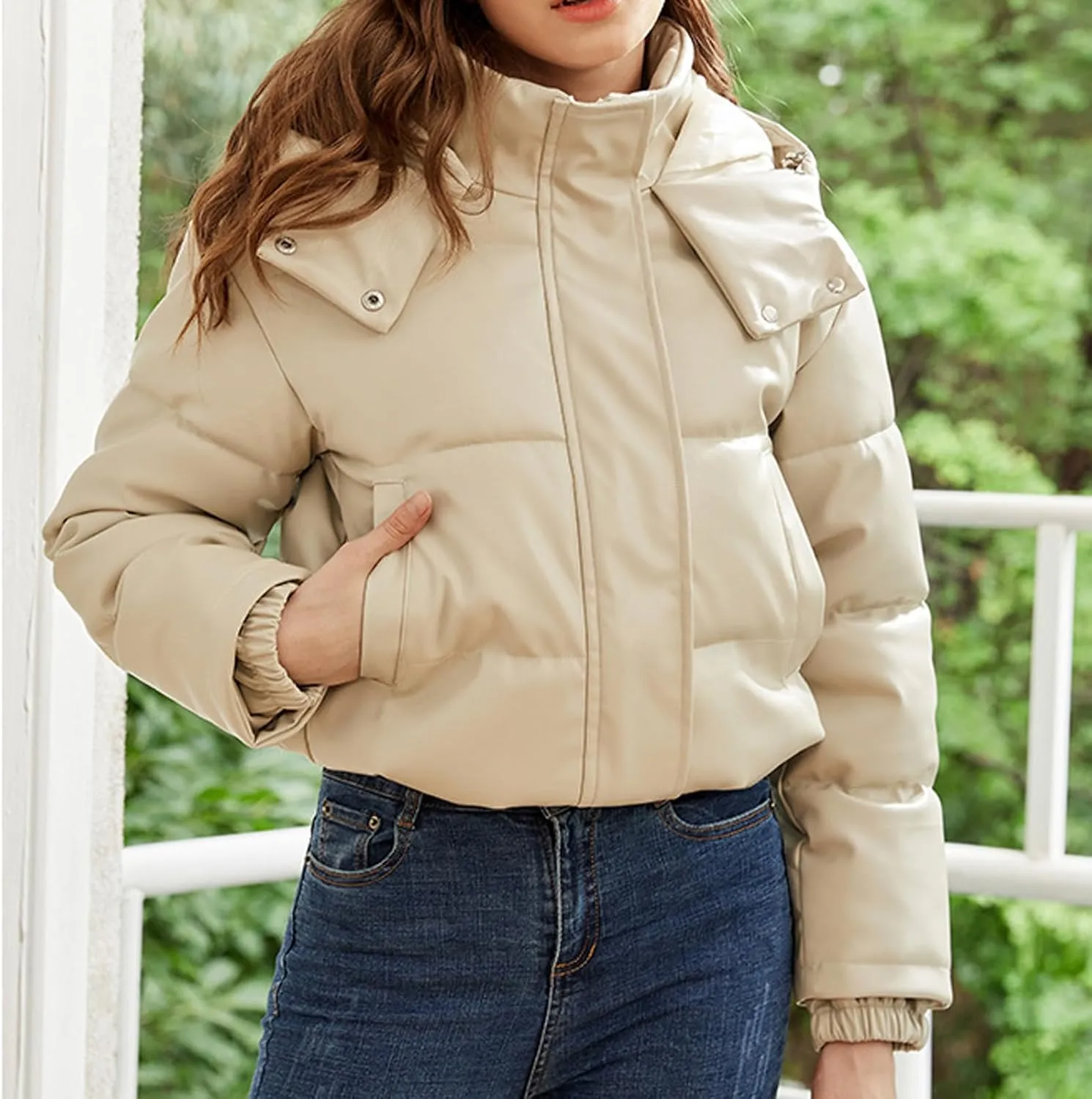 Cotton Down Jacket for Women Solid Hooded Crop Long Sleeve Padded Coat Winter Warm Thick Puffer Jackets Comfy Outwear