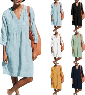 Cotton Linen Dresses for Women V Neck 3/4 Sleeve Tunic Smock Mini Dress Summer Casual Loose Dresses with Pockets