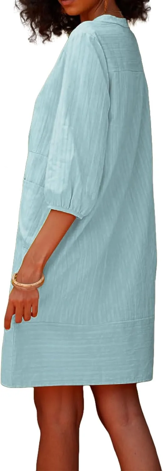 Cotton Linen Dresses for Women V Neck 3/4 Sleeve Tunic Smock Mini Dress Summer Casual Loose Dresses with Pockets