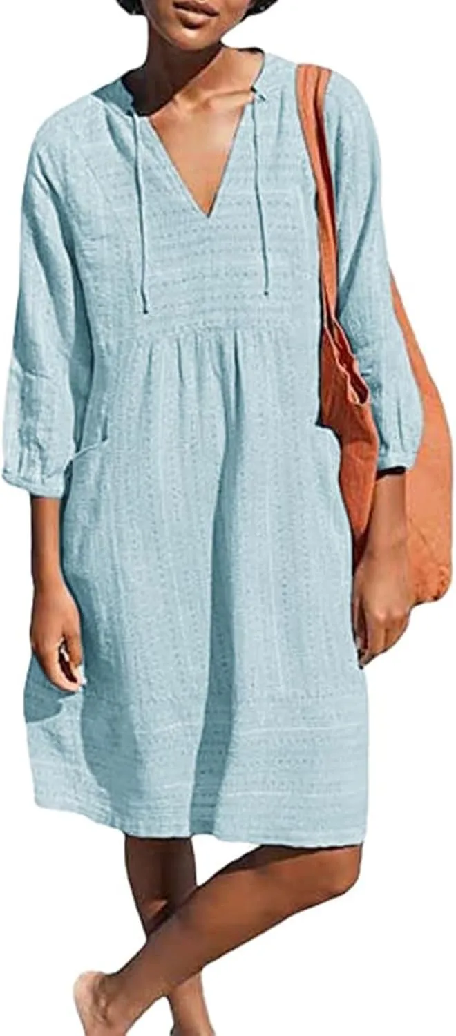 Cotton Linen Dresses for Women V Neck 3/4 Sleeve Tunic Smock Mini Dress Summer Casual Loose Dresses with Pockets