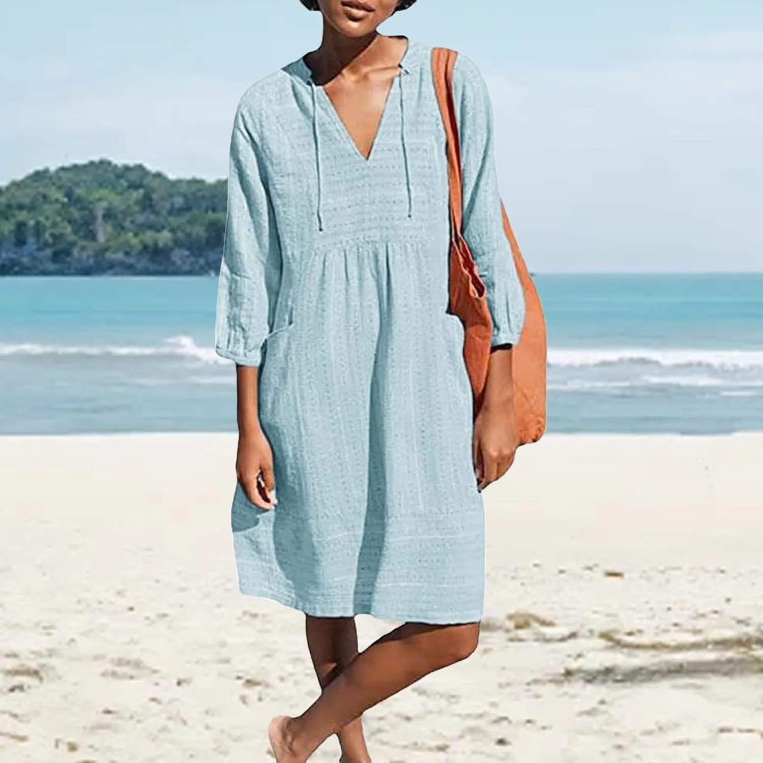 Cotton Linen Dresses for Women V Neck 3/4 Sleeve Tunic Smock Mini Dress Summer Casual Loose Dresses with Pockets