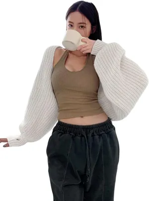 COZYEASE Women's Cropped Cardigan Sweaters Casual Long Lantern Sleeve Open Front Short Bolero Shrugs Chunky Knit Tops