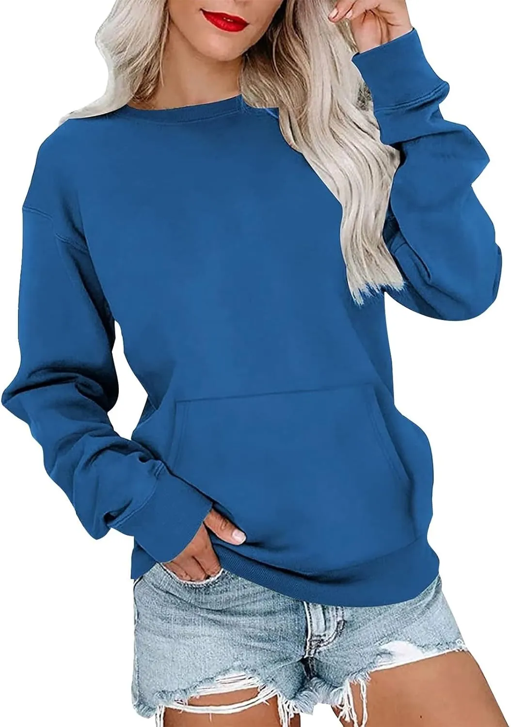 Crew Neck Sweatshirts Women Fleece Long Sleeve Cute Sweatshirts No Hooded Preppy Soft Tunic Hoodie with Pockets