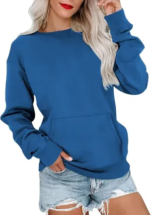 Crew Neck Sweatshirts Women Fleece Long Sleeve Cute Sweatshirts No Hooded Preppy Soft Tunic Hoodie with Pockets
