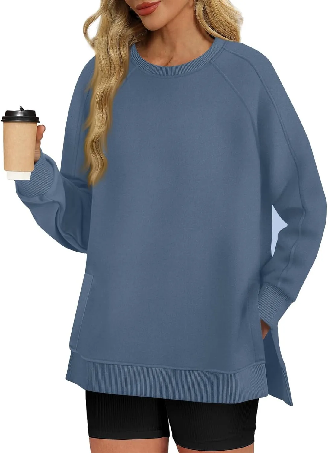 Crewneck Sweatshirts Women Side Slit Oversized Fall Sweatshirt Long Sleeve Tunic Pullover Shirts Y2k Hoodie Sweater