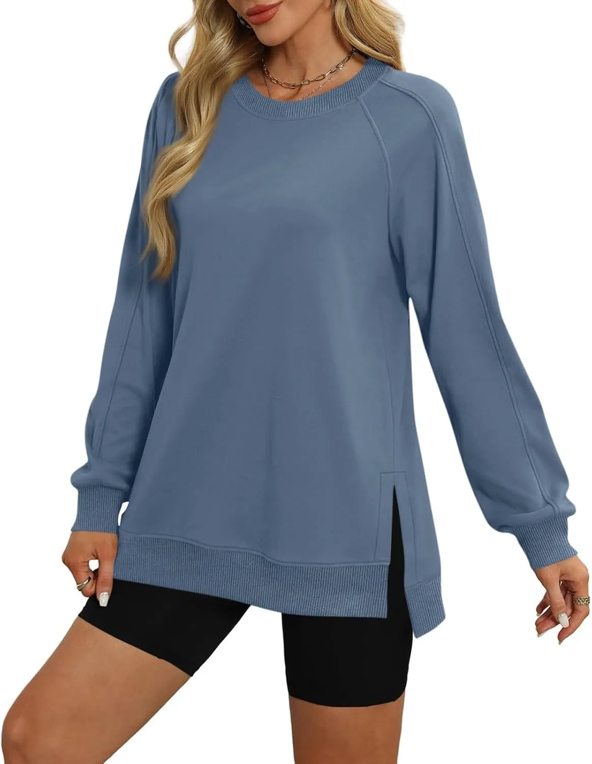 Crewneck Sweatshirts Women Side Slit Oversized Fall Sweatshirt Long Sleeve Tunic Pullover Shirts Y2k Hoodie Sweater