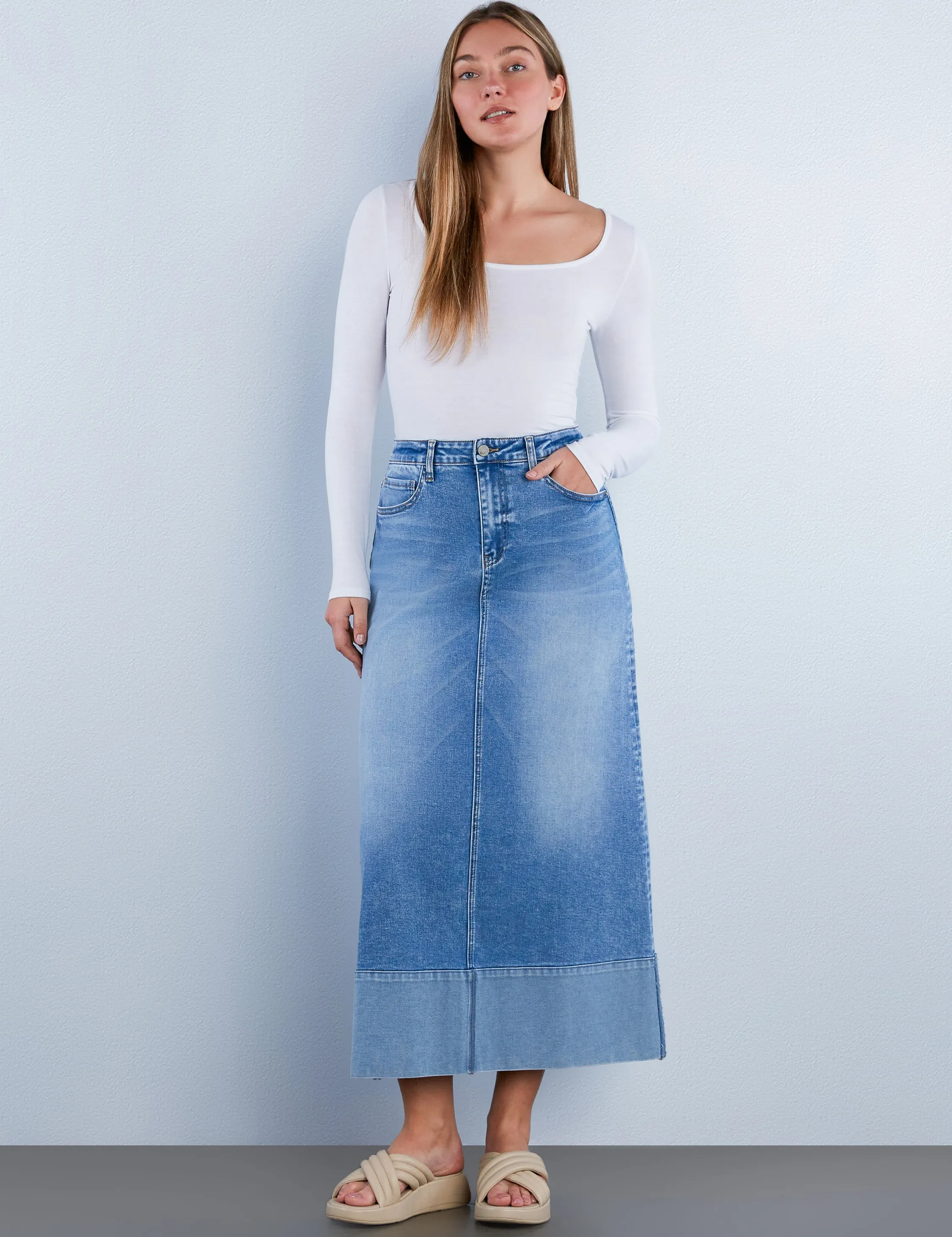 Cuffed Denim Maxi Skirt