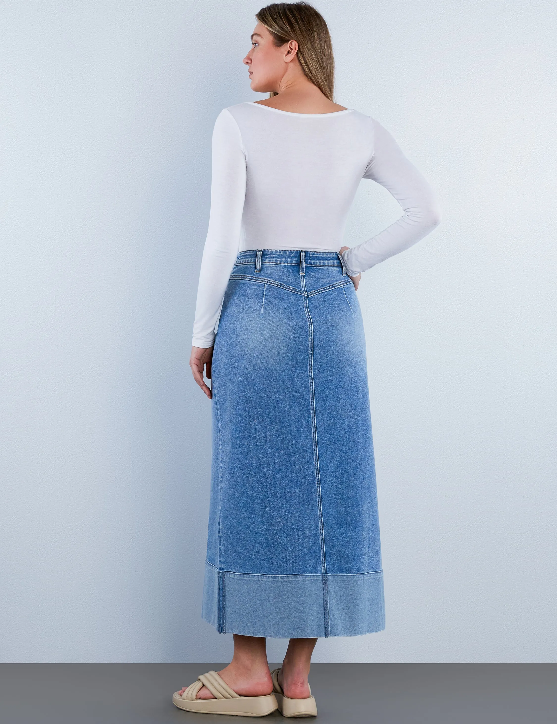 Cuffed Denim Maxi Skirt