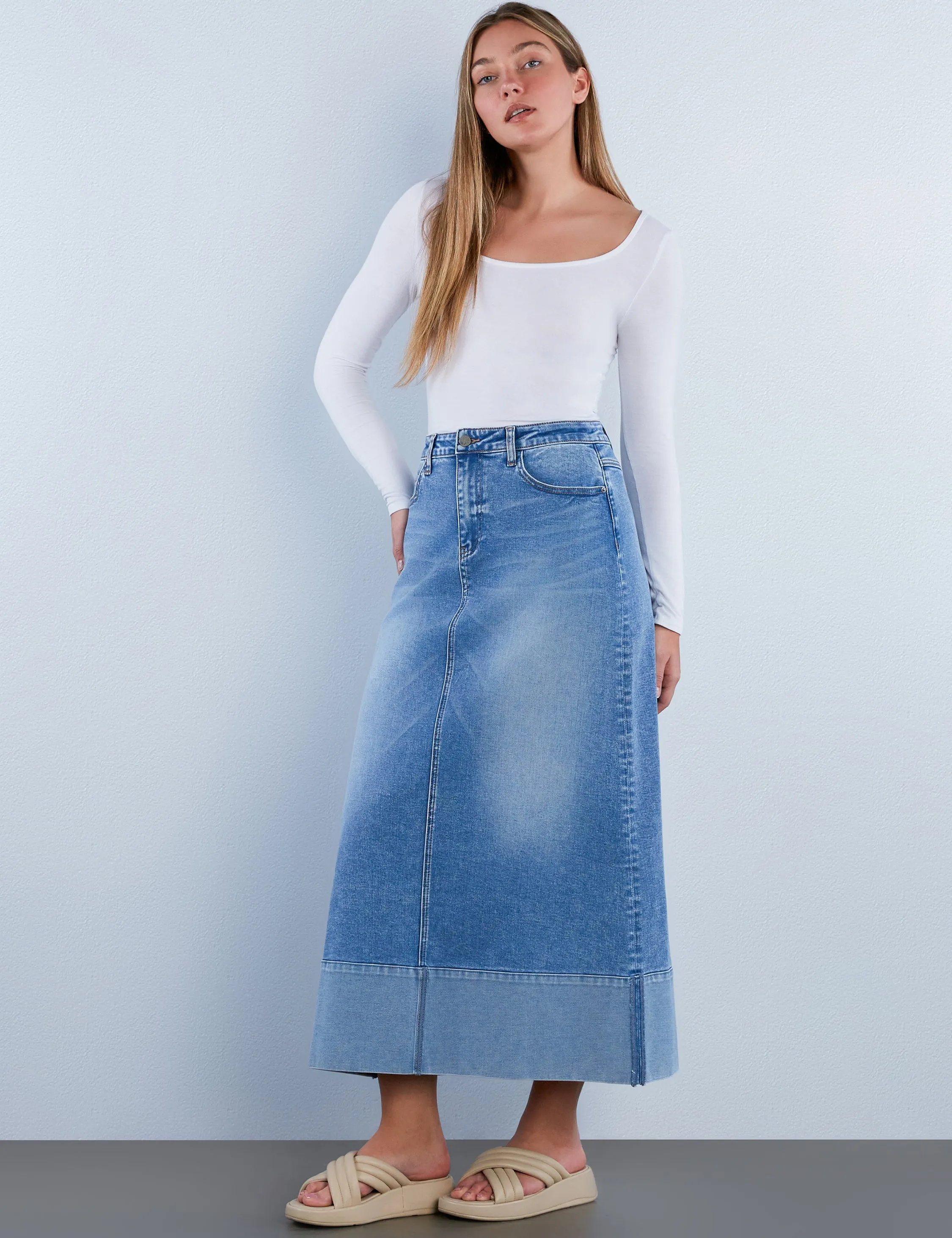 Cuffed Denim Maxi Skirt