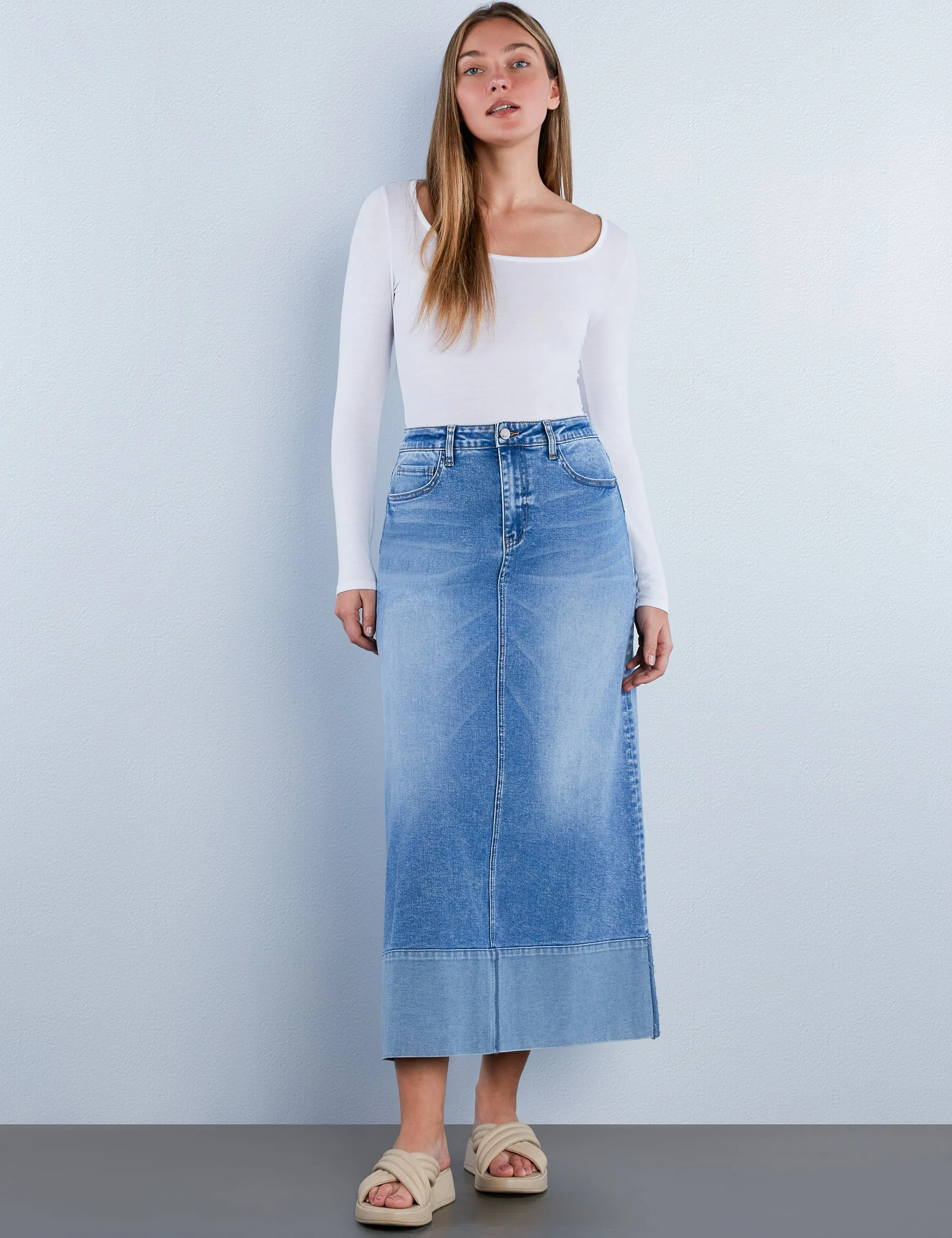 Cuffed Denim Maxi Skirt