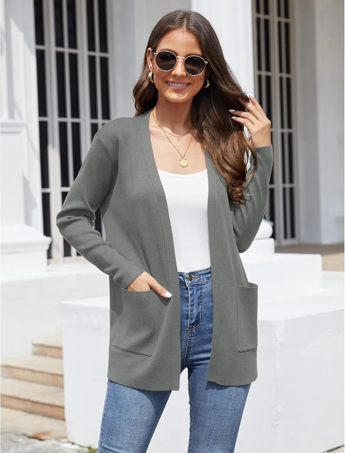 CZYINXIAN Women's Casual Long Sleeve Open Front Cardigan Sweaters Trendy Knit Lightweight Cardigans with Pockets