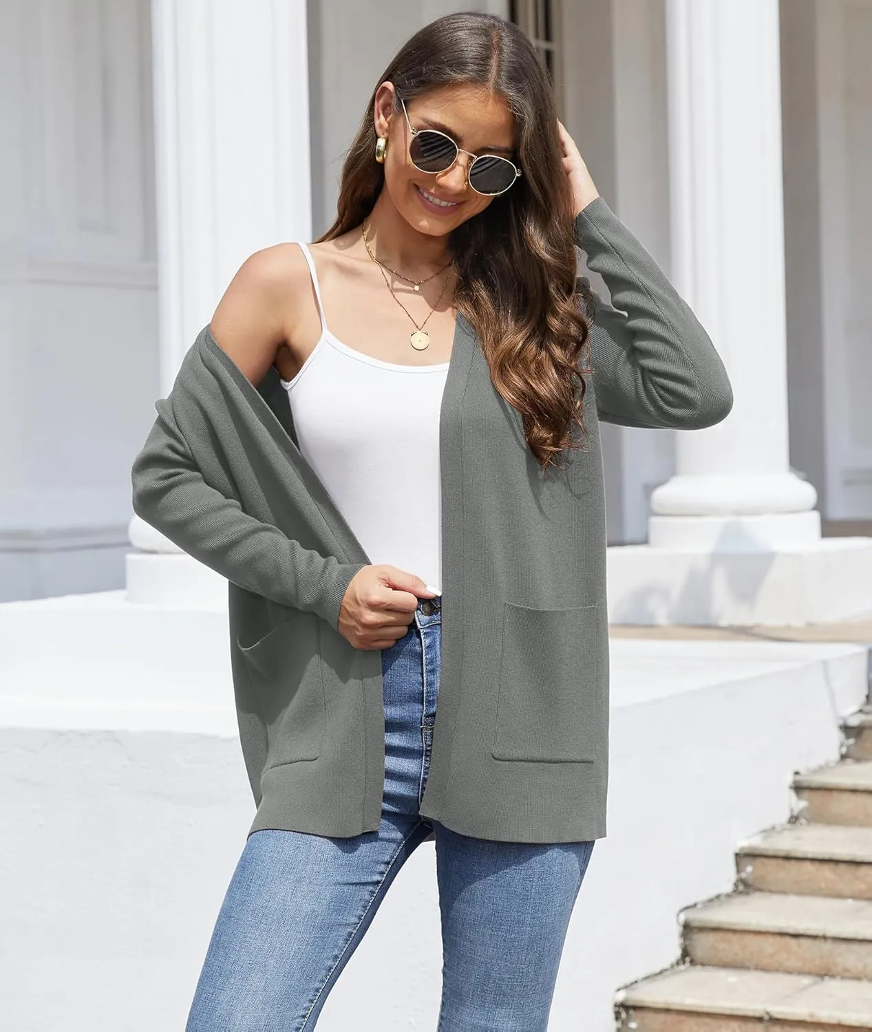 CZYINXIAN Women's Casual Long Sleeve Open Front Cardigan Sweaters Trendy Knit Lightweight Cardigans with Pockets