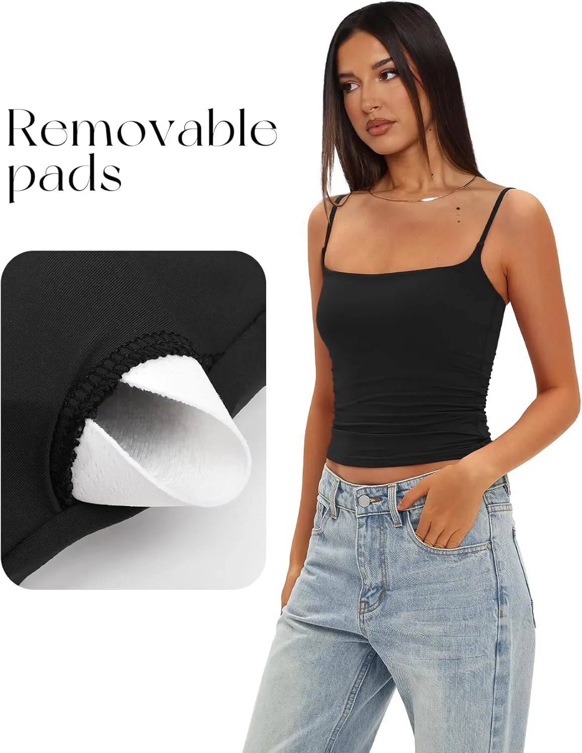 Darong Women Double Lined Tank Tops Bulit in Bra Spaghetti Straps Padded Cami Square Neck Basic Tank Shirt